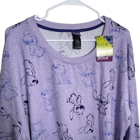 Disney Stitch Purple Fleece Long Sleeve Sleep Shirt Top Crew Printed NWT - Picture 2 of 8